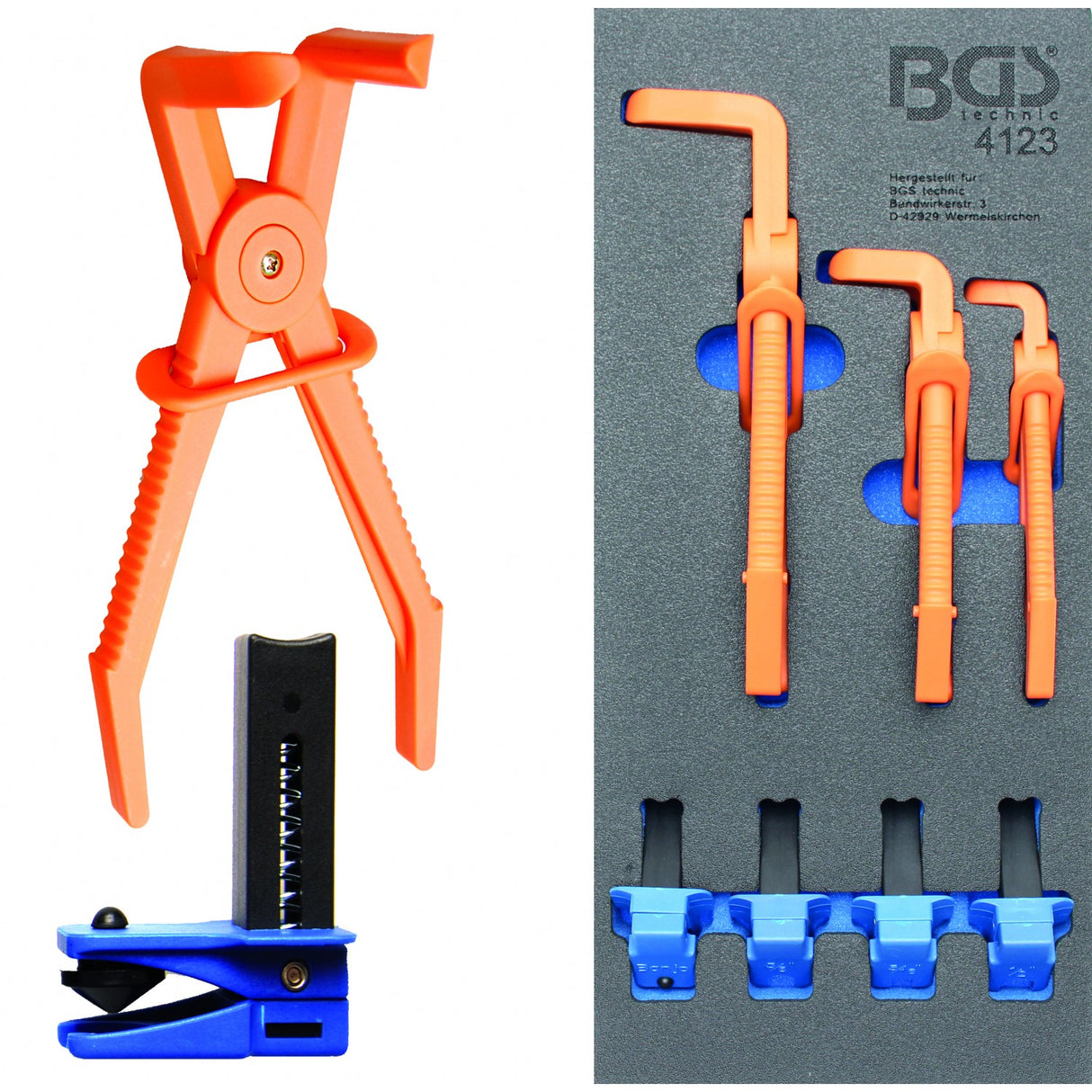 Įrankių dėklas 1/3: Žarnų užspaudimo lenktos replės ir žarnų užspaustuvai | 7 vnt. (4123)