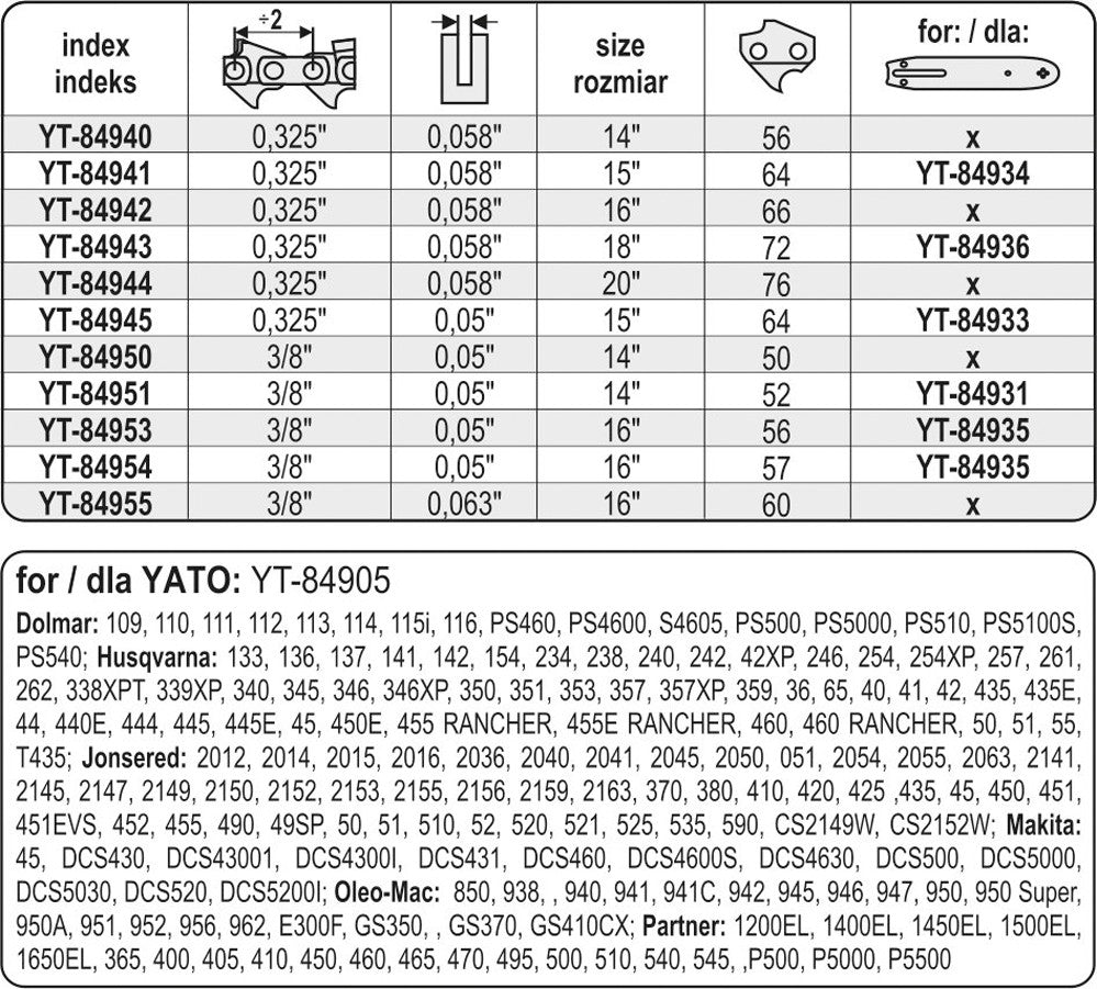 Grandinė pjūklui 15" .325" 0,05" 64 dantys (YT-84945)