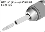Antgalių laikiklis SDS | vidinis šešiakampis 6,3 mm (1/4") | 60 mm (YT-04690)