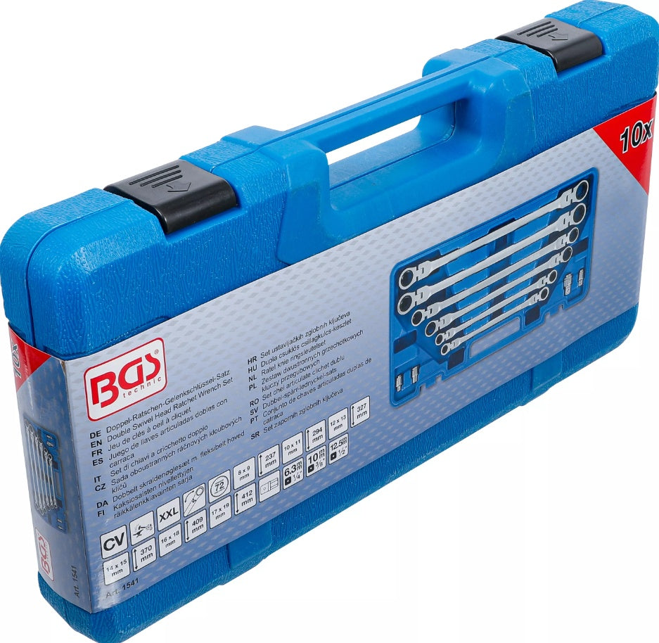 Pailgintų terkšlinių vartomų dvipusių raktų rinkinys | su adapteriais galvutėms | 8 - 19 mm | 10 vnt. (1541)