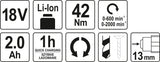Akumuliatorinis gręžtuvas / suktukas bešepetėlinis, LI- ION 18V 2,0AH (YT-82794)