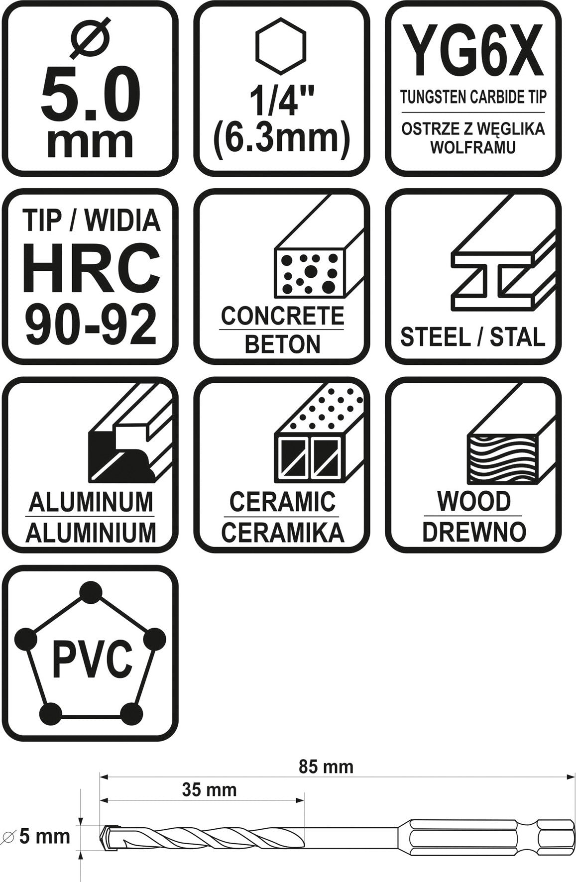 Grąžtas universalus su Hex 6.3 mm (1/4") galu | 5.0 mm (21684)
