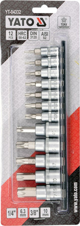 Įpresuotų antgalių rinkinys 1/4"+3/8", 12 vnt T-Star su skylėmis T8-T55 (YT-04332)