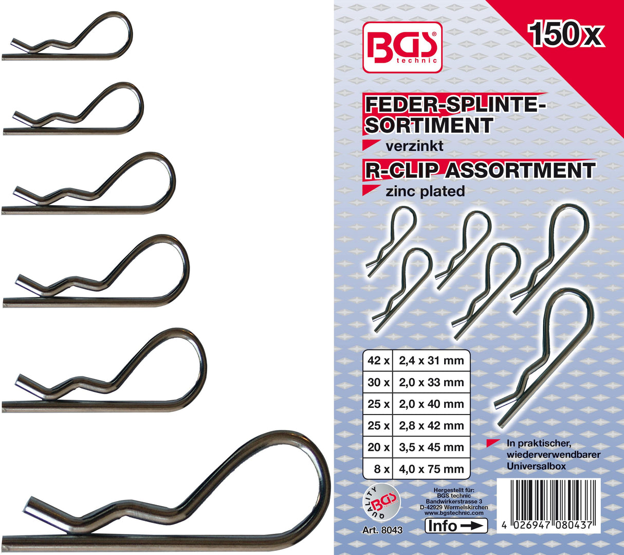 Segtukų rinkinys asortimentas | Ø 2,4 - 4,0 mm | 150 vnt. (8043)