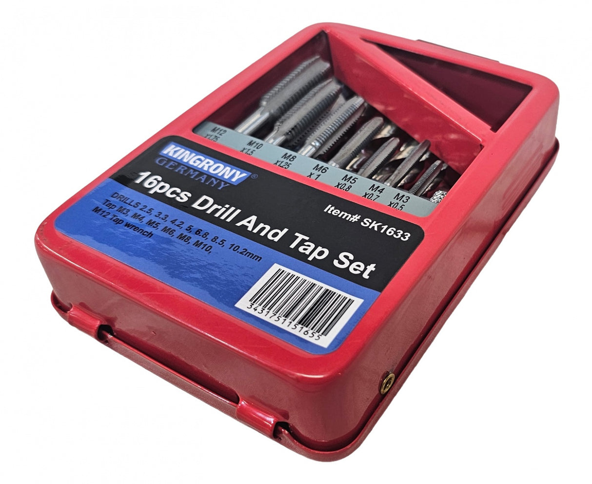 Sriegiklių ir grąžtų rinkinys | su T-rankena | HSS | M3 - M12 / 2,5 - 10,2 mm | 16 vnt. (SK1633)
