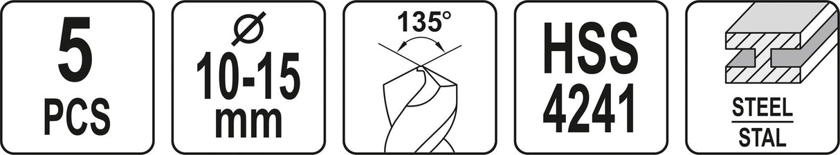 Grąžtų metalui rinkinys | 10 - 11 - 12 - 13 - 15 mm | 5 vnt. (YT-44622)