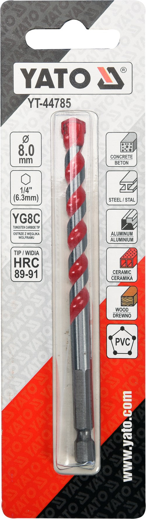 Grąžtas universalus su Hex 6.3 mm (1/4") galu | 8.0 mm (YT-44785)