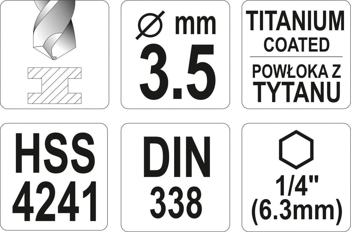 Сверло по металлу с хвостовиком Hex 6.3 mm (1/4") HSS-TiN | 3.5 mm