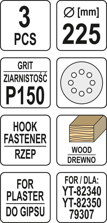 Šlifavimo popierius  (velcro) apvalus | su skylėm | 225 mm / P150 | 3 vnt. (YT-83475)