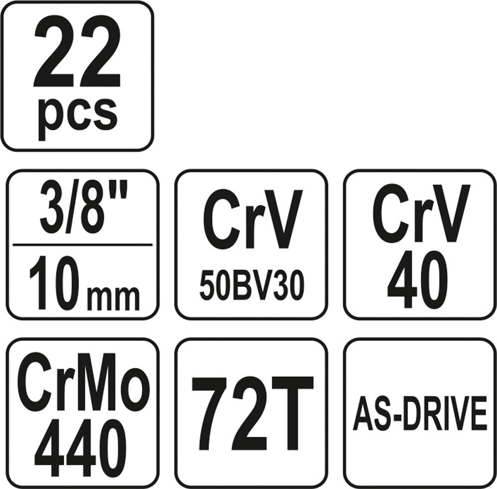 Įrankių komplektas | 10 mm (3/8") | 22 vnt. (YT-38561)