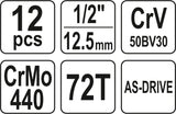 Įrankių rinkinys | 12,5 mm (1/2") | 10-24 mm | 12 vnt. (YT-38671)