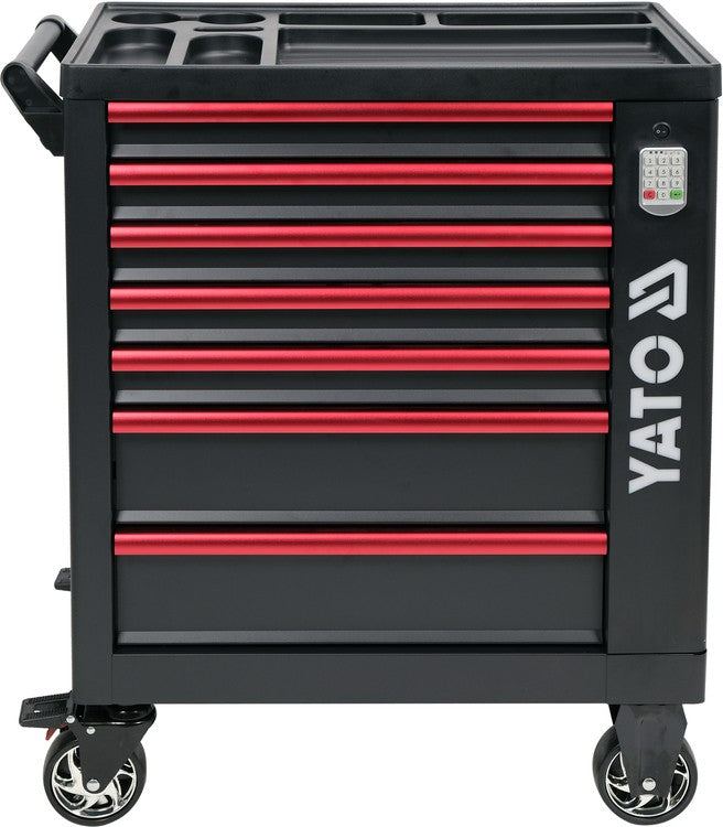 Įrankių spintelė ant ratukų | 7 stalčiai | 1 šoninės durys | kodinis užraktas | Led apšvietimas (YT-09004)