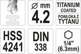 Grąžtas metalui su Hex 6.3 mm (1/4") galu HSS-TiN | 4.2 mm (YT-44758)