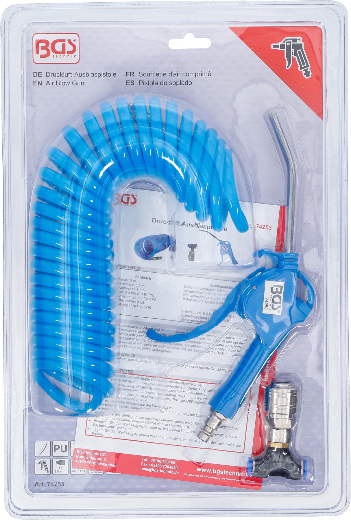 Oro pūtimo pistoletas | su spiraline oro žarna ir T formos jungtimi (74253)