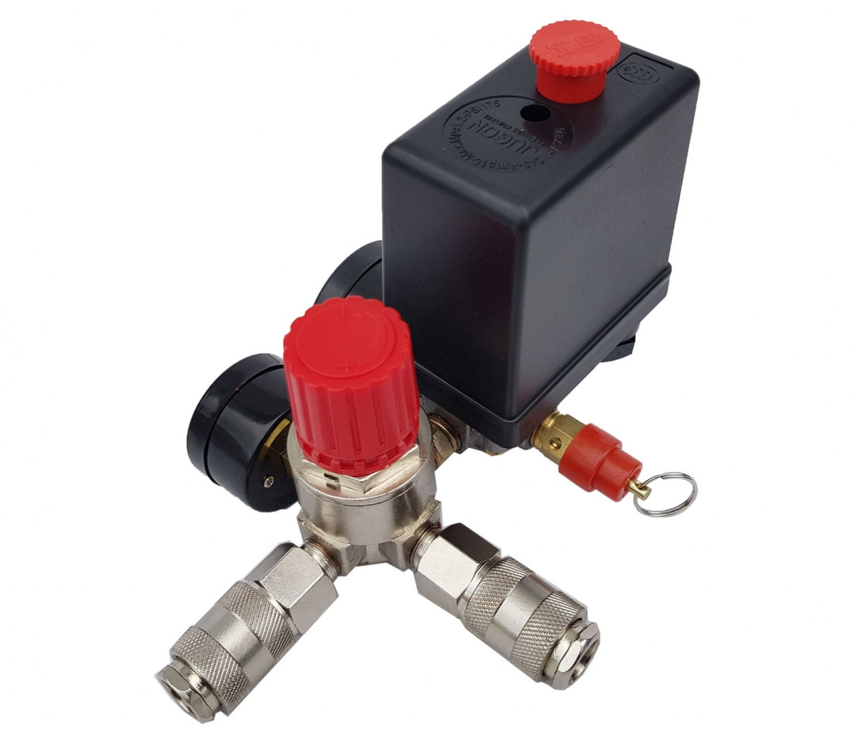 Reguliatorius kompresoriui su slėgio jungikliu ir manometrais | 230V (SK10677)