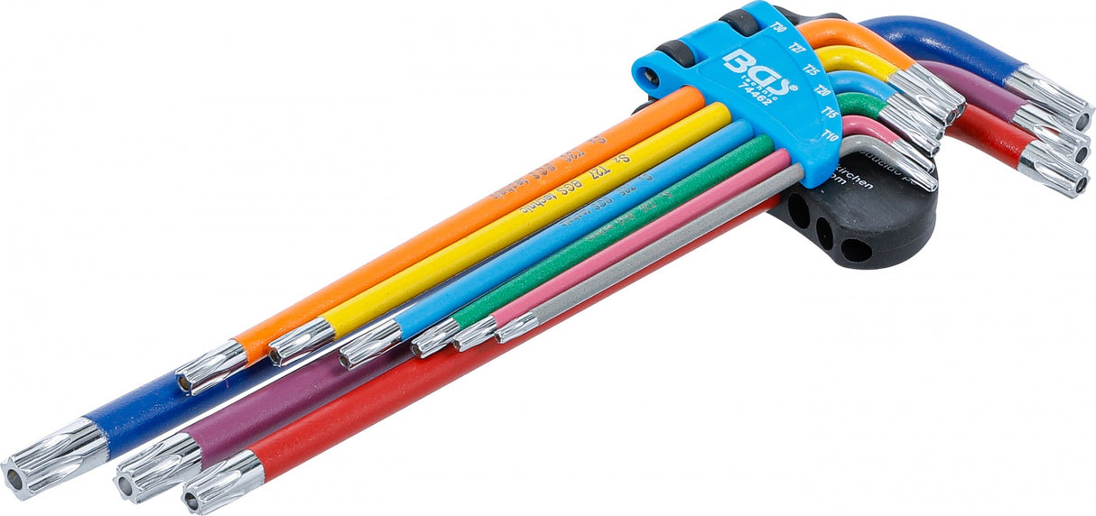 L tipo raktų rinkinys | spalvoti | labai ilgi | T-Star su skylutėm (Torx) T10 - T50 | 9 vnt. (74462B)
