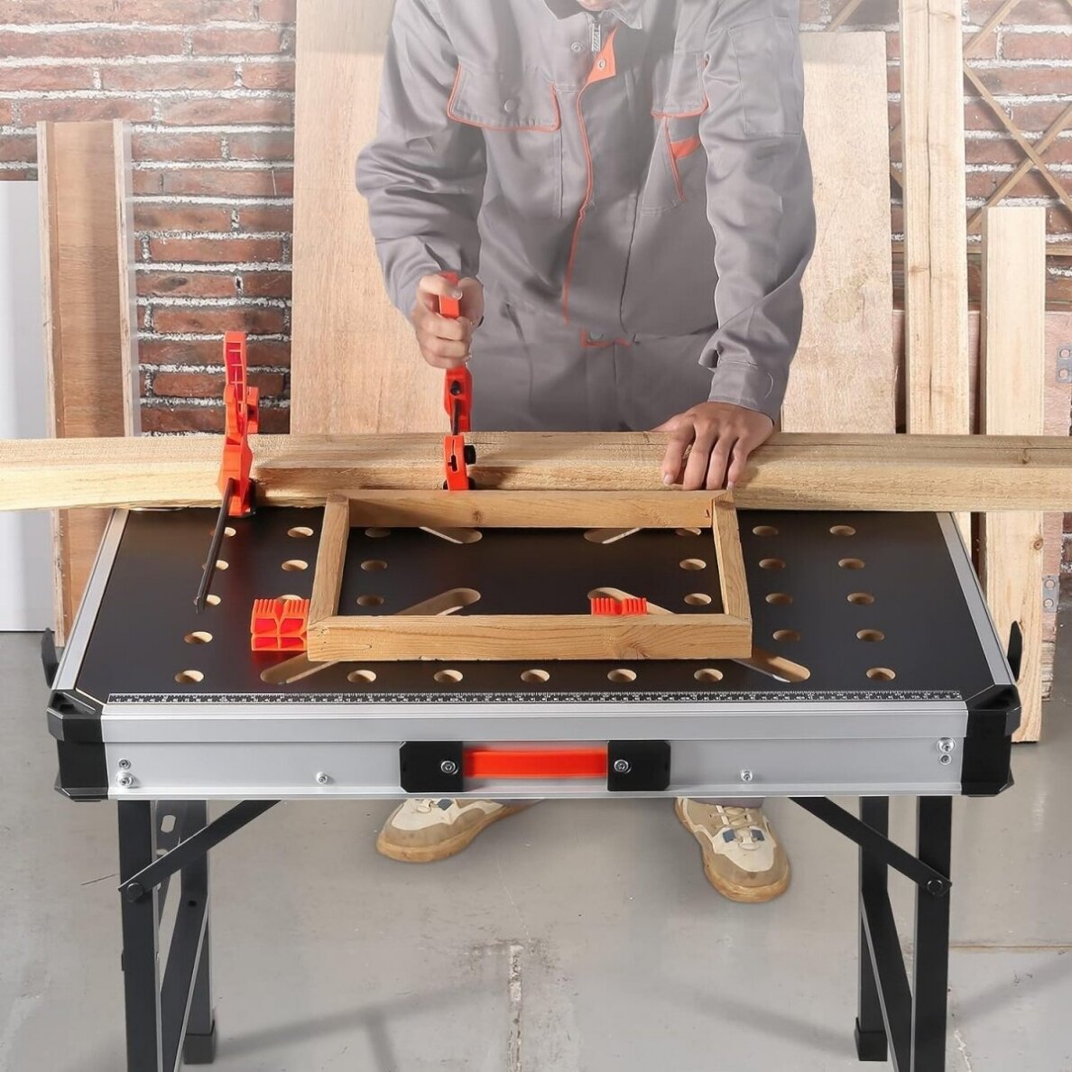 Nešiojamas darbo stalas su dėžutėmis, jungtimis ir F tipo spaustuvais (WB33C)