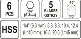 Frezų/grąžtų metalui rinkinys | HSS | Hex 6,3 mm (1/4") | 6.3 - 20.5 mm (YT-44729)