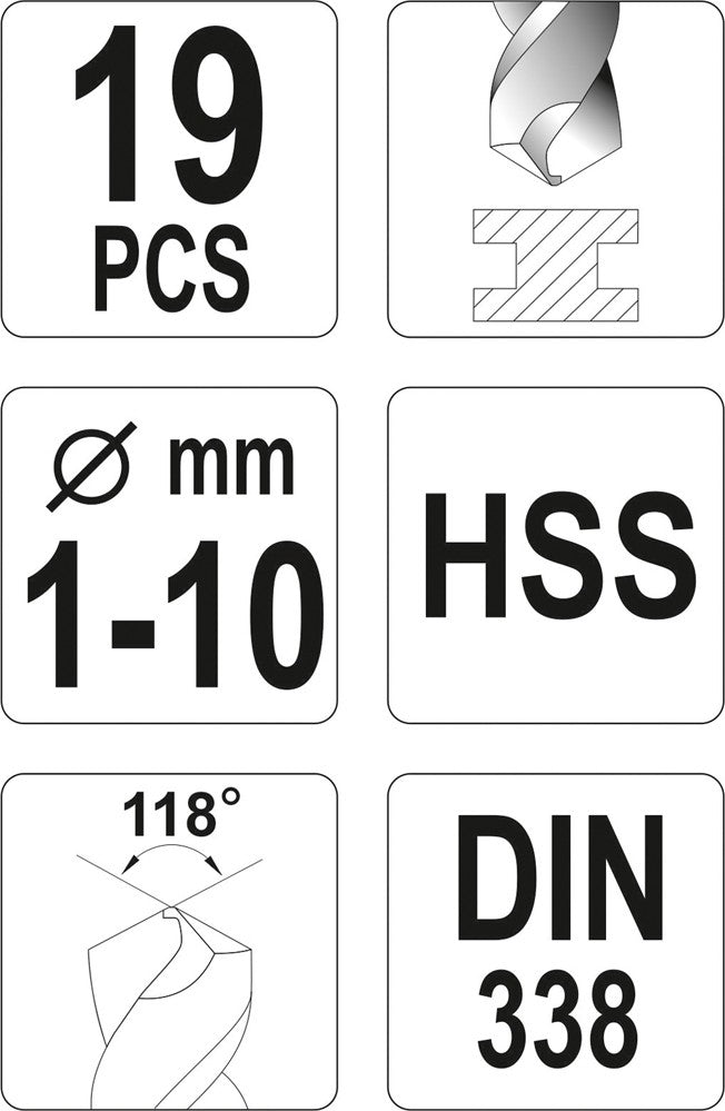 Grąžtų metalui rinkinys HSS DIN 338 19vnt. 1-10mm (YT-4462)