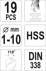 Grąžtų metalui rinkinys HSS DIN 338 19vnt. 1-10mm (YT-4462)