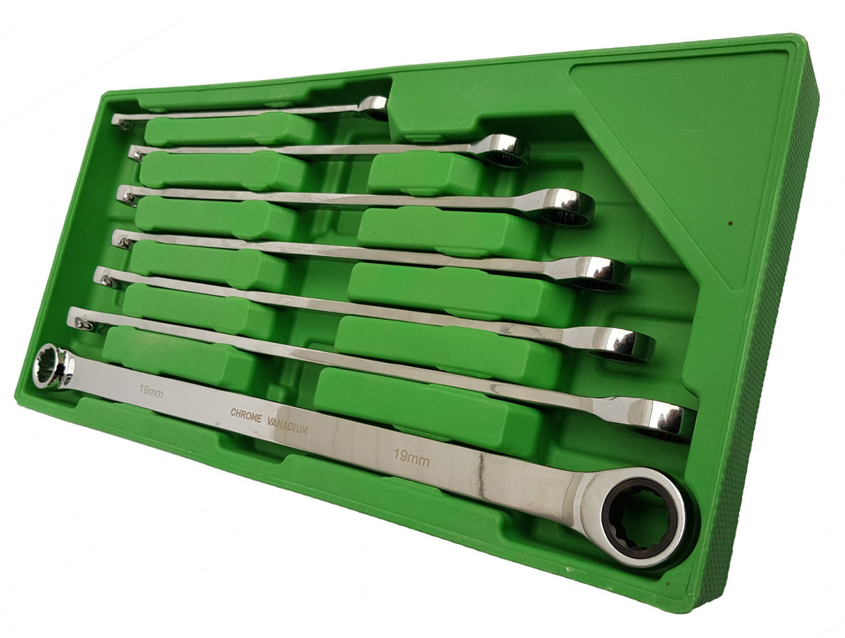 Dvigubo žiedo raktų rinkinys su terkšle | ilgas tipas | 8 - 19 mm | 7 vnt. (DR07)