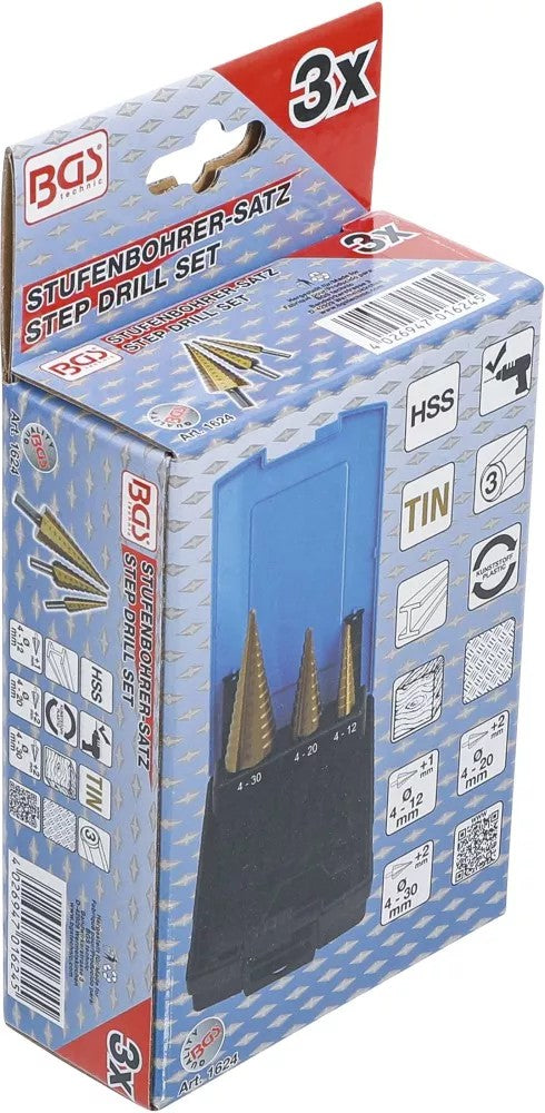 Grąžtai skylės (pa)platinimui pakopiniai | Titano nitridas | Ø 4 - 30 mm | 3 vnt. (1624)