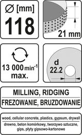 Diskas / freza medžiui | 118 mm / 21 mm (YT-59176)