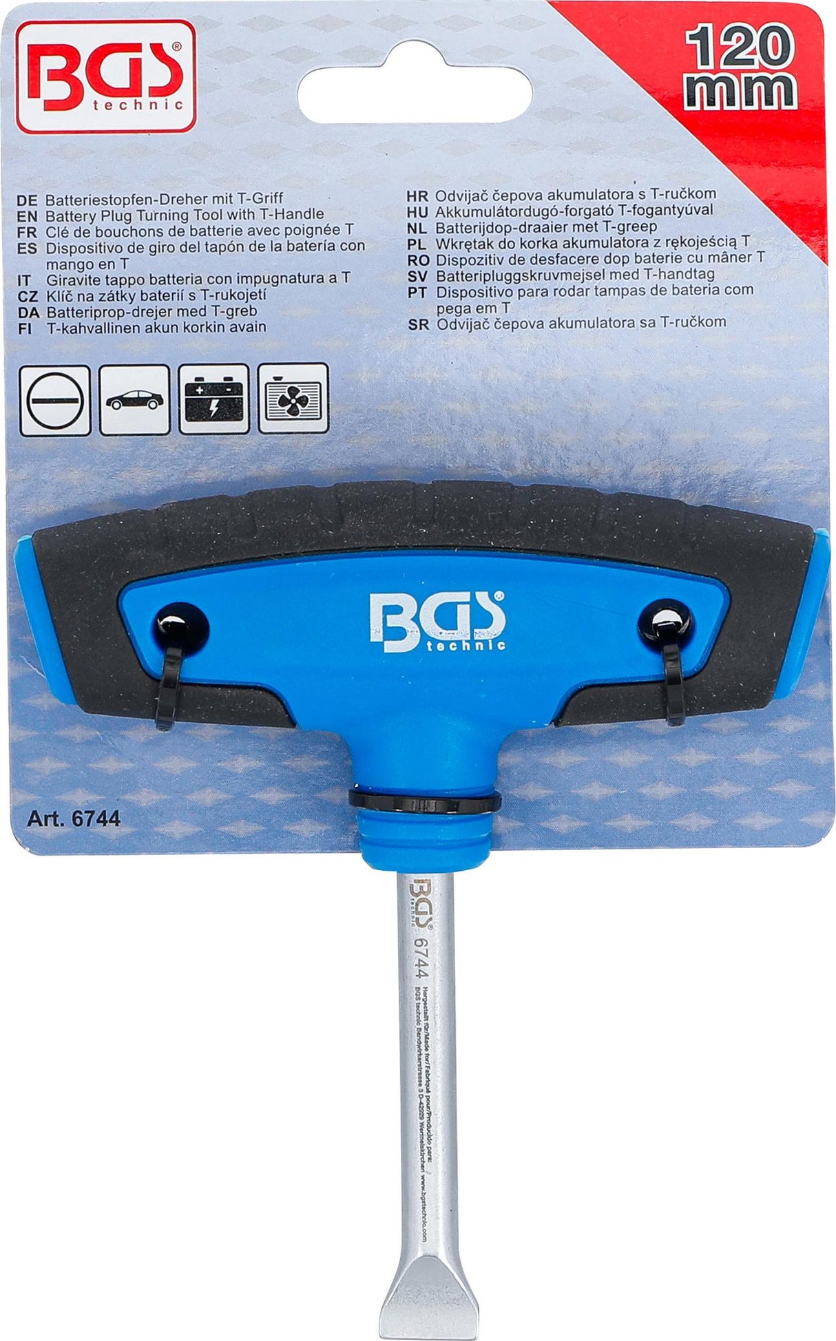 Akumuliatoriaus kamščių atsukimo įrankis | su T rankena (6744)