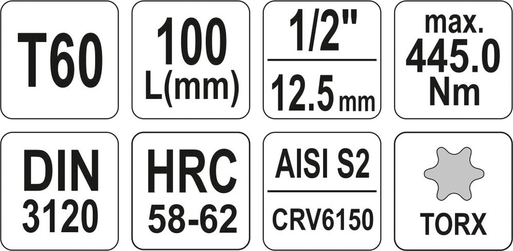 Antgalis įpresuotas į galvutę 1/2", S2, 100 mm, T60 (YT-04328)