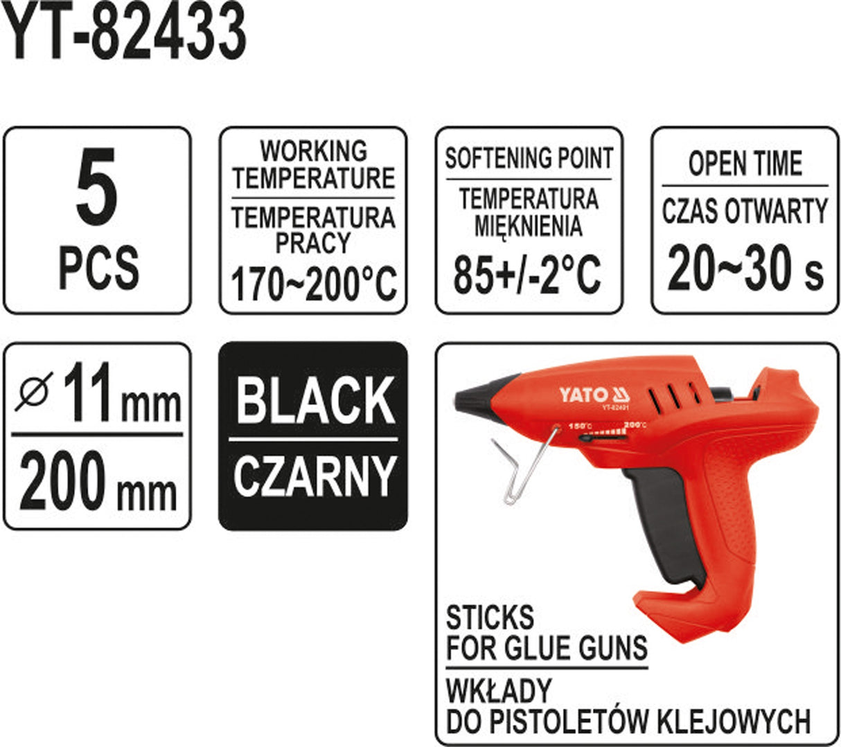 Karštų klijų lazdelių rinkinys 11,2x200mm 5vnt. juodos (YT-82433)