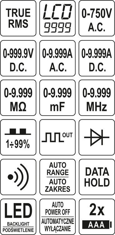 Skaitmeninis daugiafunkcinis testeris | TRUE RMS | (9999 AUTO LCD (YT-73089)