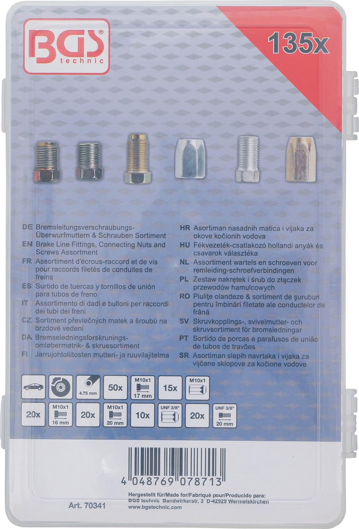 Stabdžių vamzdžių jungiamųjų detalių, jungiamųjų veržlių ir varžtų asortimentas | 135 vnt. (70341)