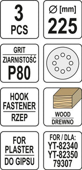 Šlifavimo popierius {velcro) apvalus | su skylėm | 225 mm / P80 | 3 vnt. (YT-83472)