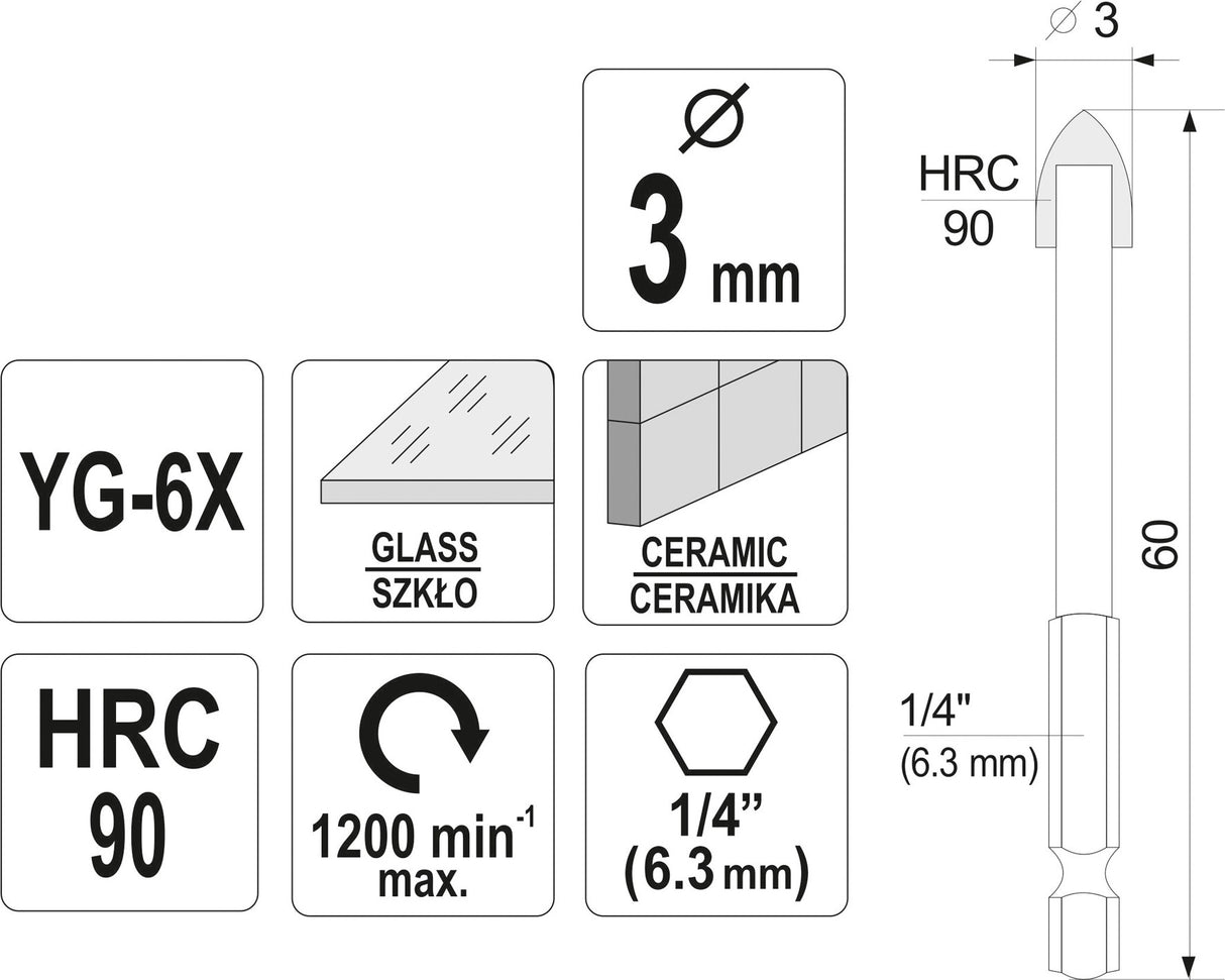 Grąžtas stiklui ir keramikai | 6.3 mm (1/4") galu | 3 mm (21700)