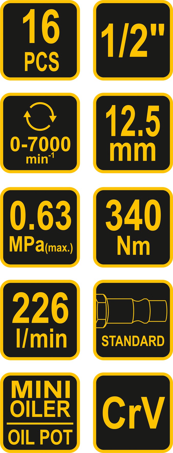Pneumatinis smūginis veržliaraktis su įrankių rinkiniu | 12,5 mm (1/2") | 320 Nm | 16 vnt. (81101)