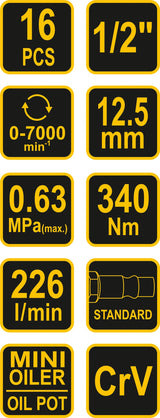 Pneumatinis smūginis veržliaraktis su įrankių rinkiniu | 12,5 mm (1/2") | 320 Nm | 16 vnt. (81101)