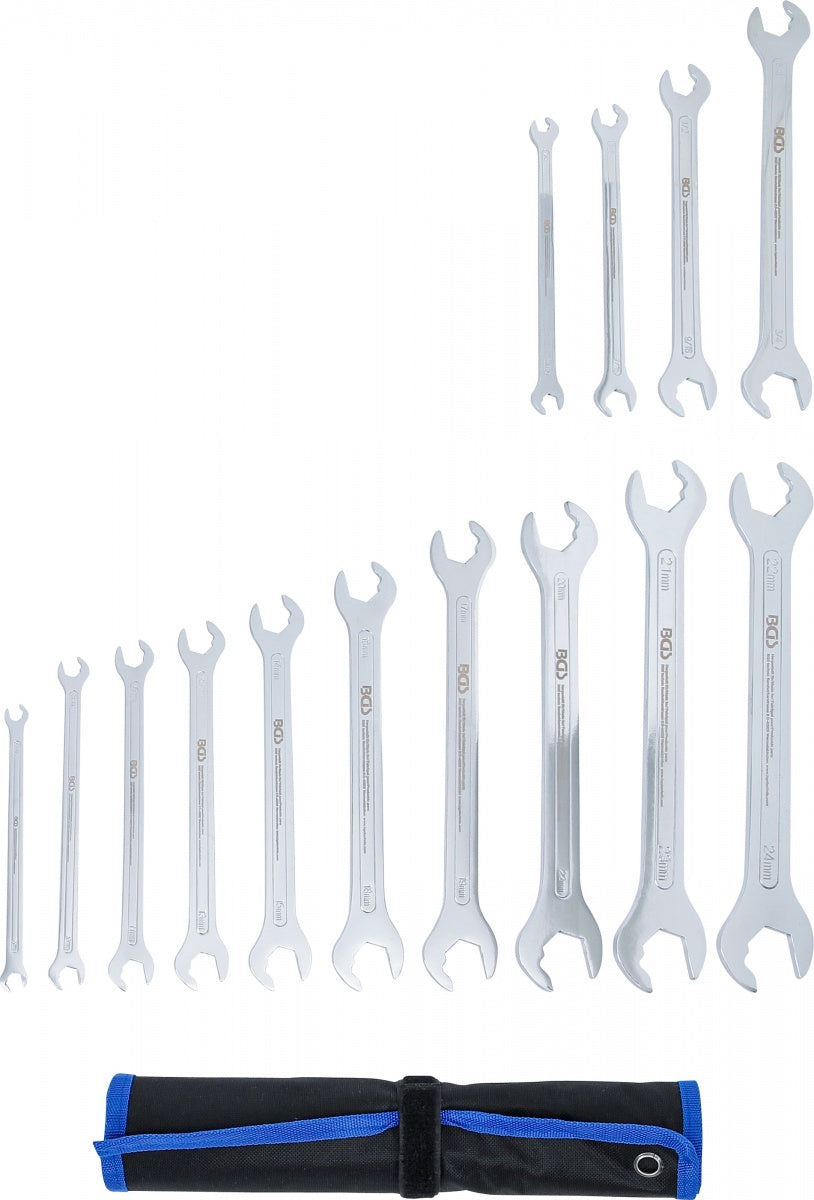 Itin plonų atvirų dvipusių raktų su terkšlės mechanizmu rinkinys | 6–22 mm | 1/4"-3/4" | 14 vnt. (74584)