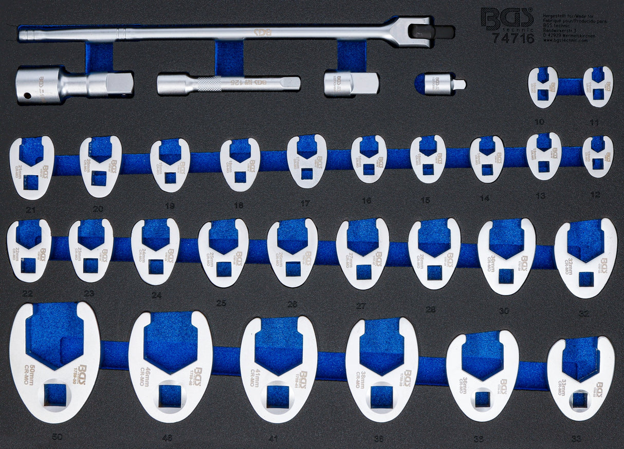 Įrankių dėklas 3/3: šoniniai raktai | | 10 mm (3/8"), 12.5 mm (1/2"), 20 mm (3/4") Drive | 10 - 50 mm | 32 vnt (74716)