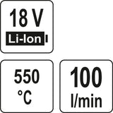 Kaitinimo fenas akumuliatorinis / orpūtė | 18V 550° II greičiai / be akumuliatoriaus (YT-82285)