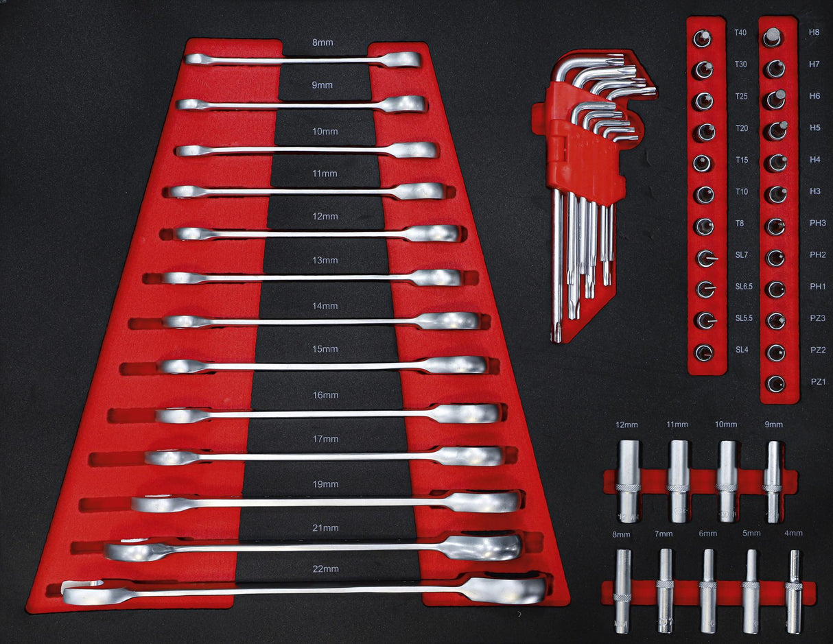 Įrankių spintelė ant ratukų | 6 stalčiai | 1 šoninės durys | 158 įrankiai (6055)