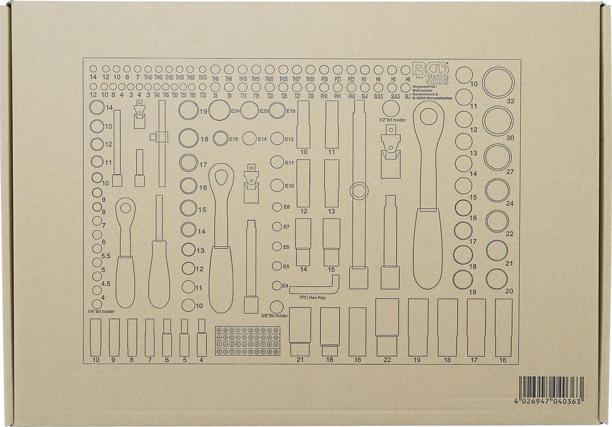 Įrankių dėklas 3/3: Galvučių rinkinys | 6.3 mm (1/4") / 10 mm (3/8") / 12,5 mm (1/2") | 192 vnt. (4036)