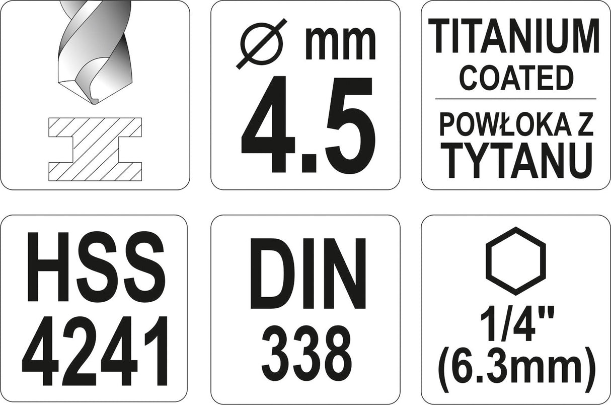 Grąžtas metalui su Hex 6.3 mm (1/4") galu HSS-TiN | 4.5 mm (YT-44759)