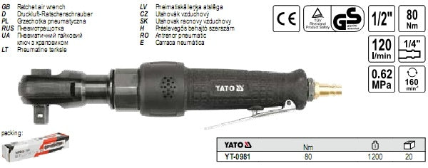 Pneumatinė rankena galvutėms | 12,5 mm (1/2") | 80 Nm (YT-0981)