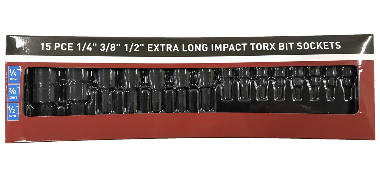 Smūginiai antgaliai | 6.3 mm (1/4") / 10 mm (3/8") / 12,5 mm (1/2") | T-Star (Torx) T6 - T70 | 15 vnt. (S1115)