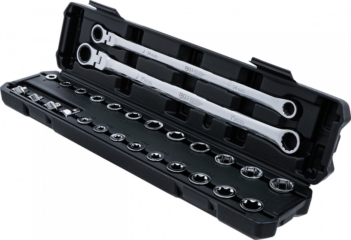 Dvigubo žiedo ir lanksčios galvutės terkšlinių veržliarakčių rinkinys | ilgi | 27 vnt. (74274)