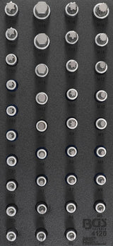 Įrankių dėklas 1/3: Įpresuotų antgalių rinkinys| 12,5 mm (1/2") | Hex šešiakampis, T-Star (Torx), Spline (XZN), Spline (RIBE) | 36 vnt. (4120)