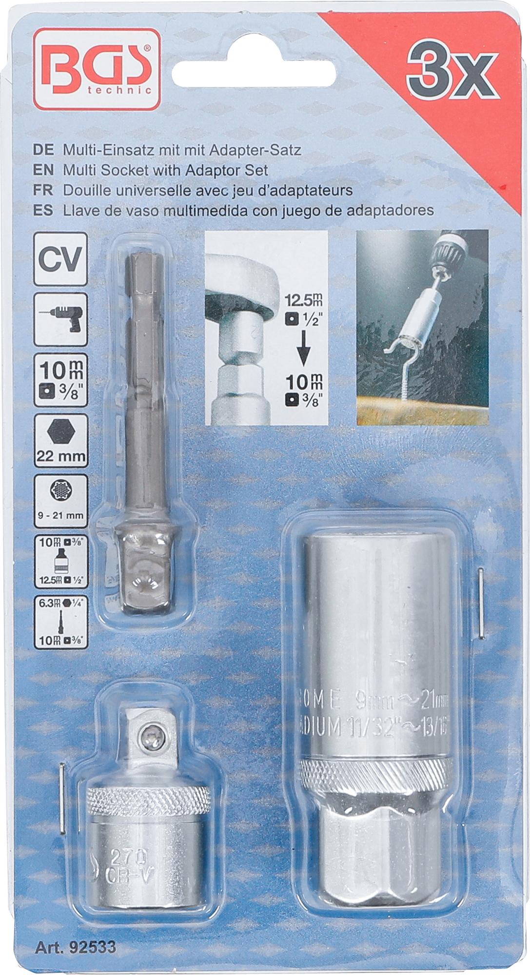 Daugiafunkcinė galvutė su adapterių rinkiniu | 10 mm (3/8") | 9 - 21 mm | 3 vnt. (92533)