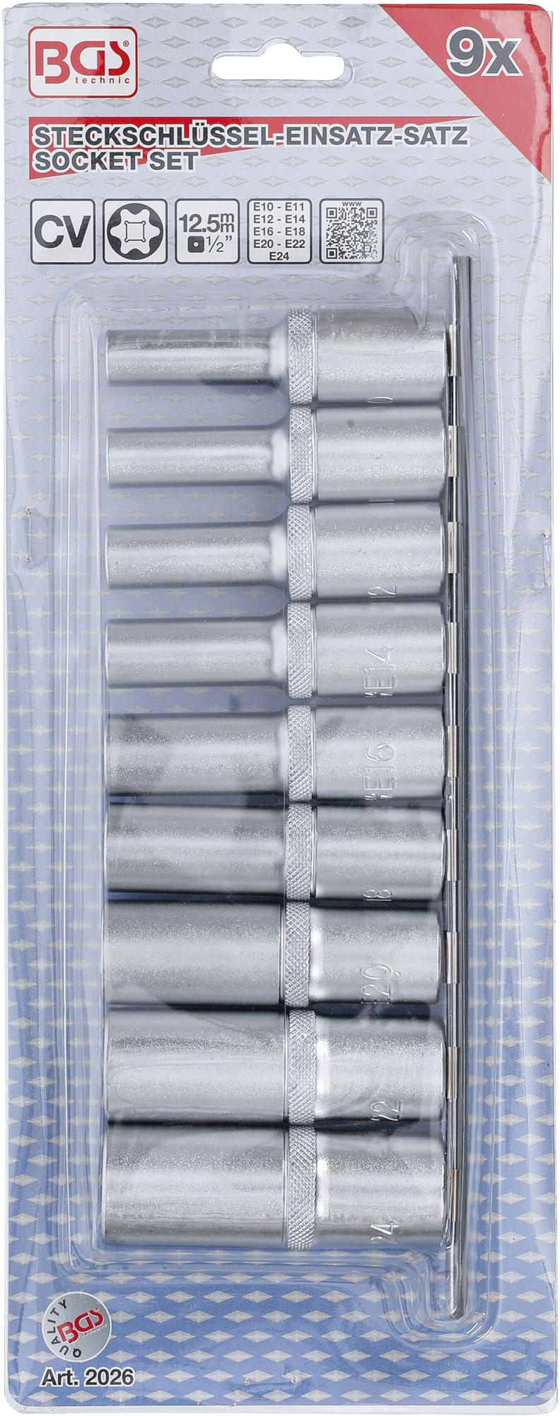 Galvučių rinkinys E-Tipas | Ilgos | 12,5 mm (1/2") | E10 - E24 | 9 vnt. (2026)