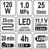 Akumuliatorinis kompresorius | 120W | LED | 150PSI | 25 L/MIN | LI-ION 11,1V 6000MAH | USB (YT-82950)