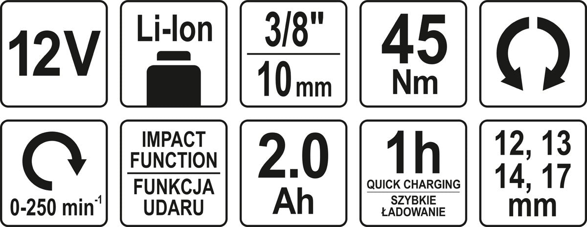 Terkšlė akumuliatorinė smūginė | 10 mm (3/8") | 12V 2,0AH 45 Nm (YT-82902)